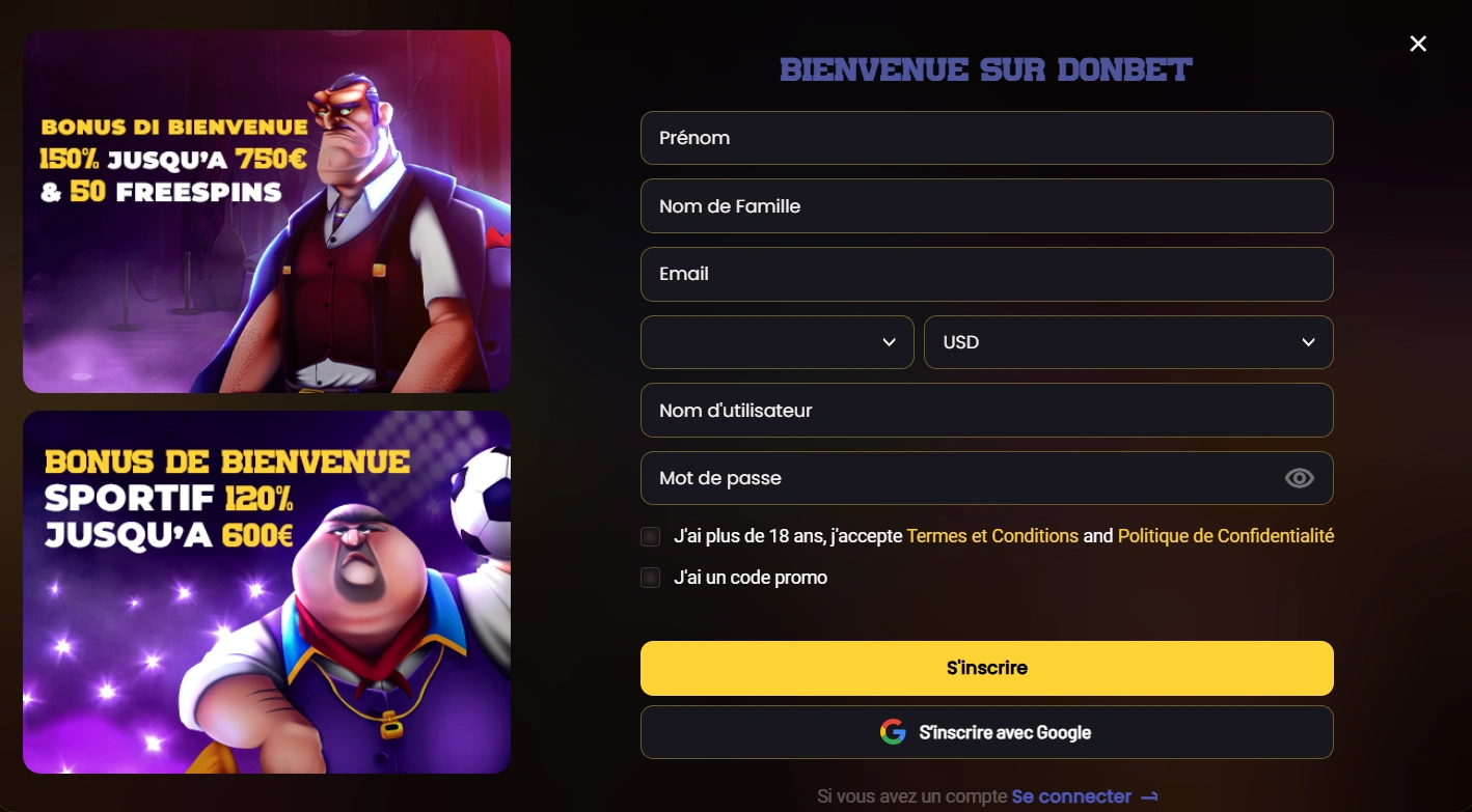 Formulaire d'inscription Donbet Casino